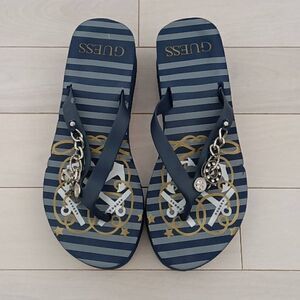 Guess Women's Nautical Stripes Beachwear Wedge Flip Flops Blue Size Size 8